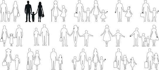 Fototapeta premium Family line art, diverse family compositions, black family outline on white background, vector illustration. Ideal for web graphics, depicting togetherness, bonding, generations