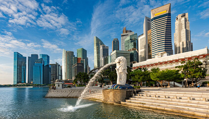 Singapore, February 03, 2024: Merlion statue fontain at Merlion Park in Marina Bay of Singapore. Merlion is the national symbol of Singapore depicted as a mythical creature with a lion head.
Singapore