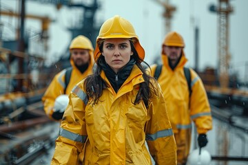 Teamwork im Einsatz: Drei Arbeiter in Gelb am Hafen