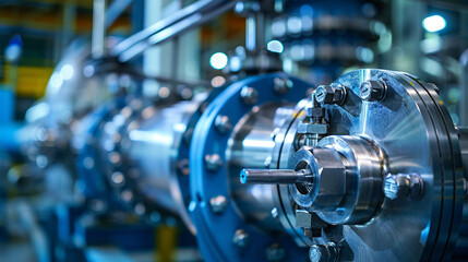 Obraz premium Close-up of a metallic valve in a modern factory soft-focus