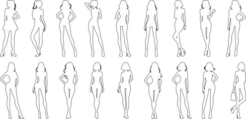 hand drawn fashion model sketche. Elegant female figure templates in various poses. Ideal for clothing design, pattern drafting, and portfolio presentation