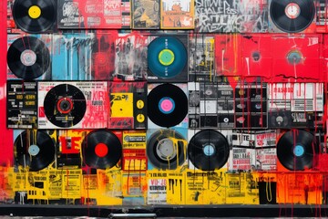 Vibrant grunge collage vinyl records and pop art graffiti juxtaposed in a burst of colors. - obrazy, fototapety, plakaty