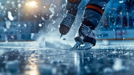 Intense action shot capturing the dynamic movement of a hockey player skating on ice with flying ice particles