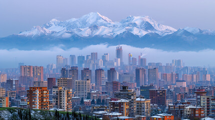 Urban Twilight: Cityscape with Snow-Capped Mountains - obrazy, fototapety, plakaty