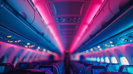 Stylish image of an airplane interior bathed in soft neon lighting with rows of seats - obrazy, fototapety, plakaty