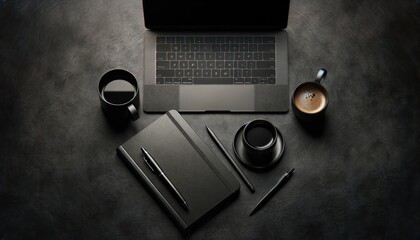 Monochromatic black office desk setup featuring a laptop, smartphone, notebooks, and a coffee mug, ideal for modern professionals.
