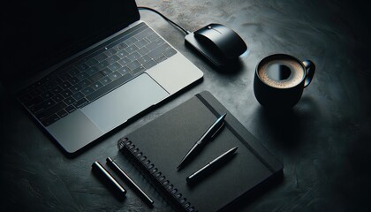 Monochromatic black office desk setup featuring a laptop, smartphone, notebooks, and a coffee mug, ideal for modern professionals.