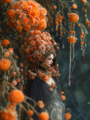 A young woman in a flower wreath with perfectly smooth skin, in peach-colored clothes. It is decorated with orange flowers. Mystical portrait. Fashion magazine cover. Fashion. 