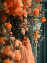 A young woman in a flower wreath with perfectly smooth skin, in peach-colored clothes. It is decorated with orange flowers. Mystical portrait. Fashion magazine cover. Fashion. Cage.