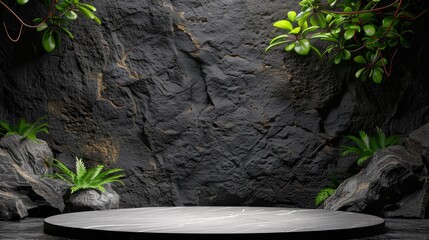 Abstract 3d stone podium on dark background for product display presentation with marble showcase - obrazy, fototapety, plakaty