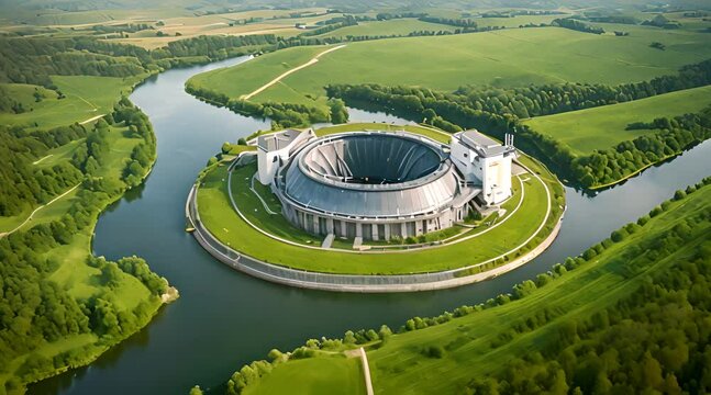 hydroelectric power plant surrounded by green grass, cinematic, aerial drone, wide angle