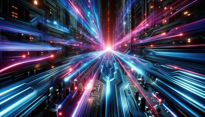 Fototapeta premium Digital illustration of a futuristic cityscape designed as a circuit board with radiant neon lights, symbolizing advanced technology and high-speed data transfer.