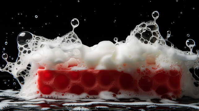 Soap foam with bubbles and red sponge isolated on black, side view