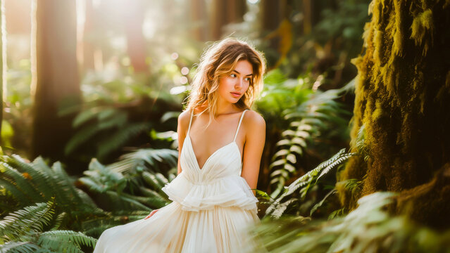 A young woman in an elegant white dress poses in a sunlit forest, surrounded by lush greenery and a magical ambiance.