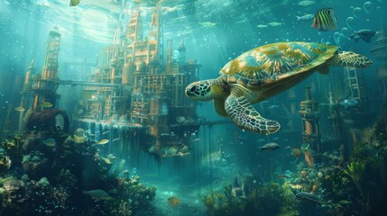 Fototapeta premium Underwater city powered by renewable energy, inhabited by sea turtles and smart robots