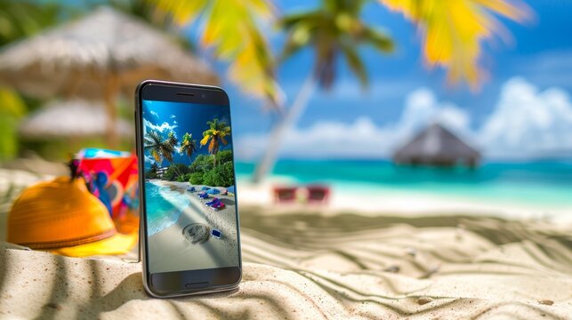 A smartphone with a scenic beach wallpaper stands on the sandy shore, complementing the actual tropical paradise in the background