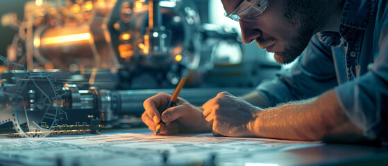 Engineer drafting a complex machine blueprint factory background