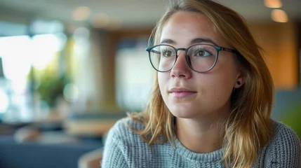 Tuinposter Close-up of a pensive young woman with glasses looking away in an indoor setting © Radomir Jovanovic