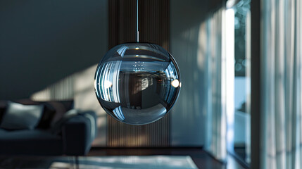 Glass orb suspended in a modern room, changing hues to match the rooms vibe Photography image with a Rembrandt lighting effect, highlighting the balls mystique against the subtle shadows