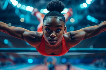 Wide-angle shot of a professional gymnast performing a balance beam routine during a competition
 - obrazy, fototapety, plakaty