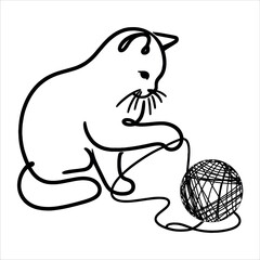 Cat playing with a ball of thread, black outline, one continuous line simple minimalist design from silhouettes of pets, vector drawing on a transparent background.
