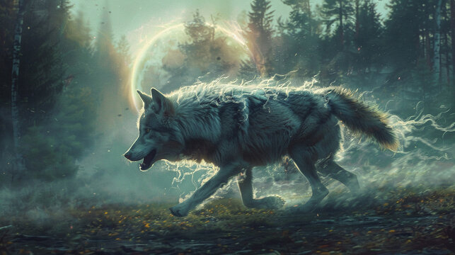 Ethereal wolf sprinting moon halo in background