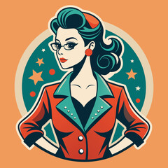 Craft a retro-inspired t-shirt sticker featuring a stylish silhouette of a vintage fashionista adorned in classic attire