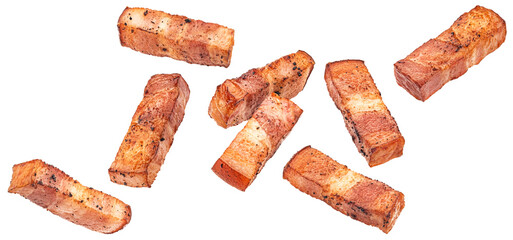 Fried Italian pancetta bacon isolated on white background