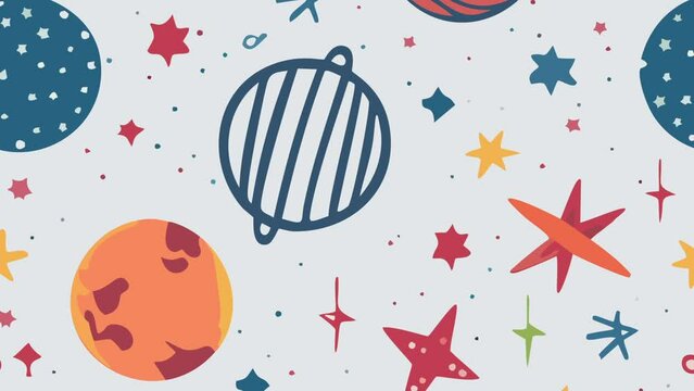 A colorful and playful pattern of planets and stars. Loop Background Animation