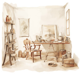 Minimalistic painter's workspace with easel