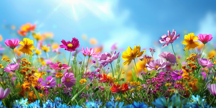 colorful background with colorful Cosmos flower with  clear blue sky background, colorful spring flower, banner
