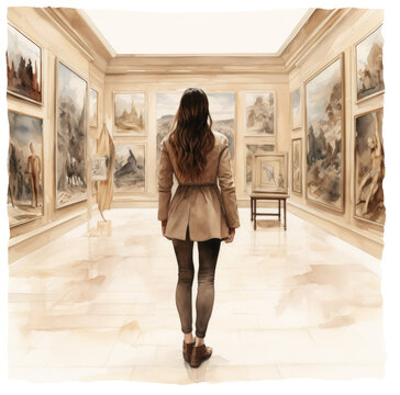 Woman admiring paintings in an art gallery