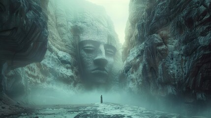 In a foggy atmospheric scene, a lone figure stands before a giant mystical face carved into a vast rocky cliff, evoking a sense of wonder - obrazy, fototapety, plakaty