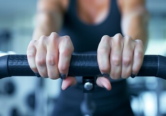 sport, fitness, lifestyle and people concept - Close up of a woman's hands working out with a black rubber handle bar at the gym