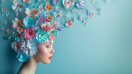 Artistic image of a woman with elaborate paper flowers as headpiece, peaceful expression - obrazy, fototapety, plakaty