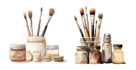 Assorted paintbrushes in jars with pigments