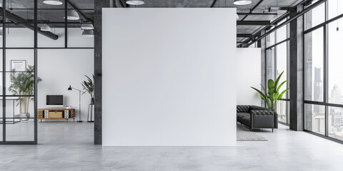 White blank wall in a modern office interior with glass doors and windows, mockup template,banner