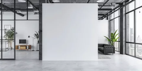 Tapeten White blank wall in a modern office interior with glass doors and windows, mockup template,banner © Planetz