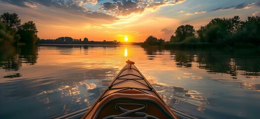 A kayak is in the water with the sun setting in the background - obrazy, fototapety, plakaty