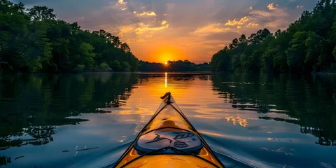 Foto op Canvas A kayak is in the water with the sun setting in the background © Wuttichai