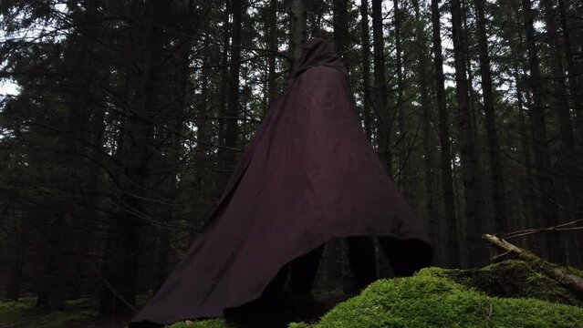 Dark hooded person walks into dark pine tree forest with mossy soil shot from the ground in slow motion