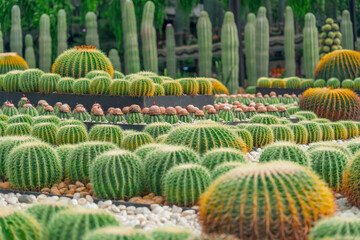 Large variety of cacti echinocactus grusonii, Melocactus, in garden arid climate