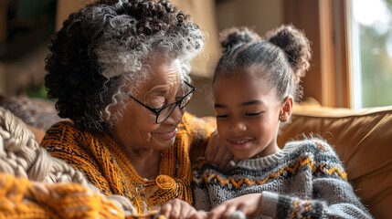 Obraz premium An older woman and a young girl are sitting on a couch