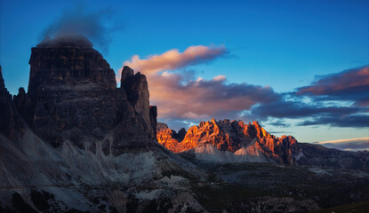A splendid view of mighty rocks in the Italian Alps. National Park Tre Cime di Lavaredo, Italy,...