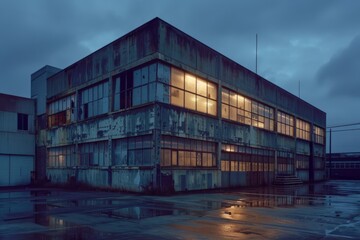 Wide-angle shot of the exterior of the weapons factory at dusk
