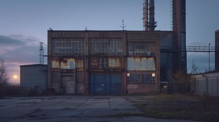 Wide-angle shot of the exterior of the weapons factory at dusk
