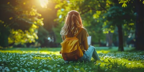 A woman sits in a park with a yellow backpack on her lap. She is reading a book on her laptop. The scene is peaceful and relaxing