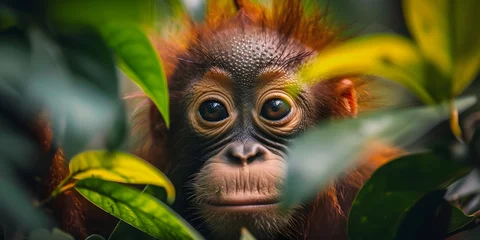 Fototapeten A baby orangutan is peeking out from behind some leaves. The baby orangutan is looking at the camera and he is curious © Wuttichai
