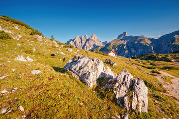 Picturesque valley in the Italian Alps on a sunny day. National Park Tre Cime di Lavaredo, Sexten Dolomites, Italy.