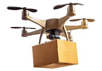 Drone flies and carries a cardboard box. Transportation of cargo ships of the future. City parcel delivery. - 760543364